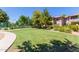 Lush green lawn with mature trees near the condo buildings and community basketball court under a clear sky at 1351 N Pleasant Dr # 2051, Chandler, AZ 85225