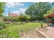 A well-maintained backyard with lush grass, landscaping, and a covered patio at 1813 E Sheena Dr, Phoenix, AZ 85022