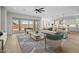 Cozy living room showcases sliding glass doors to patio and open-concept layout with kitchen at 23036 E Oriole Way, Queen Creek, AZ 85142