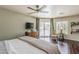 Comfortable bedroom with hardwood floors and access to a backyard pool at 402 E Claremont St, Phoenix, AZ 85012