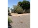 A wide backyard view with gravel, sparse vegetation, and a storage shed surrounded by a brick trim at 5342 E Des Moines St, Mesa, AZ 85205
