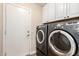 Modern laundry room featuring gray front loading washer and dryer with white cabinetry at 1114 N Leland Ct, Gilbert, AZ 85233