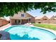 Backyard featuring a large pool, covered patio, and lush lawn with a 2 story home at 113 N Albert Dr, Chandler, AZ 85226