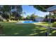 Lush backyard with an in-ground pool, shed, mature trees, and stepping stones at 4139 E Edgemont Ave, Phoenix, AZ 85008