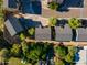 Overhead view showing community homes surrounded by trees, plants, and backyard debris at 827 E Pecan Rd, Phoenix, AZ 85040