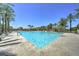 Large community pool surrounded by lounge chairs, palm trees, and clear blue water at 970 S Henry Ln, Gilbert, AZ 85296