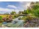 Picturesque pond surrounded by decorative rock landscaping, lush plants and trees, and sparkling, clear water at 10724 W Cheryl Dr, Sun City, AZ 85351