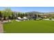 Expansive backyard with green turf, lounge chairs, dining area, outdoor kitchen, and manicured greenery at 20797 W Rattler Rd, Buckeye, AZ 85396