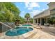 Backyard oasis with a hot tub, pool, and patio, complemented by landscaping and desert flora at 21240 N 74Th Pl, Scottsdale, AZ 85255