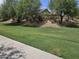 View of home exterior from across a grassy area with mature trees and foliage enhancing the curb appeal at 5029 S Carlyle Dr, Gilbert, AZ 85298