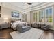 Spacious main bedroom featuring plantation shutters, a trey ceiling, and a sitting area at 5291 S Bradshaw Pl, Chandler, AZ 85249