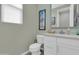 A half bathroom has a stylish vanity with a white cabinet, granite countertop, and silver faucet at 717 N Abalone Ct, Gilbert, AZ 85233