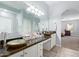 The Primary bath features a double vanity with vessel sinks, a large mirror, and wood-look tile flooring at 1442 W Laurel Ave, Gilbert, AZ 85233