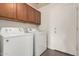 This laundry room features gray tile floors, a white door, and overhead cabinets above the white washer and dryer at 15805 W Morning Glory St, Goodyear, AZ 85338