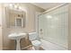 Bathroom with shower-tub, classic sink and vanity with simple, clean design at 1874 E Huntington Dr, Tempe, AZ 85282