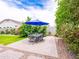 Enjoy the backyard patio with an umbrella and dining area, perfect for outdoor gatherings at 20439 E Palomino Dr, Queen Creek, AZ 85142