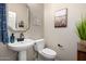 Charming powder room with pedestal sink, decorative mirror, and elegant fixtures provides a stylish space at 26391 N 107Th Dr, Peoria, AZ 85383