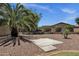 Landscaped backyard featuring a concrete patio, rock ground cover, and a mature palm tree, perfect for outdoor entertaining at 5342 S Citrus Ct, Gilbert, AZ 85298