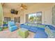 Relaxing outdoor living area with comfortable seating, ceiling fan, and views of the lush backyard and pool at 700 N Dobson Rd # 34, Chandler, AZ 85224