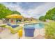 Inviting swimming pool with poolside seating and sunny yellow umbrellas for relaxation at 700 N Dobson Rd # 34, Chandler, AZ 85224