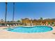 Community pool and jacuzzi, lined with lounge chairs and lush palm trees in common area at 3434 E Baseline Rd # 214, Phoenix, AZ 85042