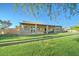 Beautiful backyard view of this house from the green grass and landscaping at 6519 E Cactus Rd, Scottsdale, AZ 85254