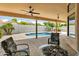 Backyard covered patio featuring ceiling fan and outdoor seating, overlooking a sparkling pool at 8913 S Forest Ave, Tempe, AZ 85284