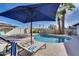 Inviting backyard pool area featuring lounge chairs, shade umbrella, and lush palm trees perfect for relaxation at 1142 E Westchester Dr, Tempe, AZ 85283