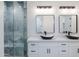 Well-lit bathroom with dual vessel sinks, modern fixtures, a walk-in shower with blue tile, and white cabinetry at 34449 N Elk Run Rd, San Tan Valley, AZ 85143
