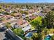 An aerial view showcasing the neighborhood and property's landscaping, pool, and the surrounding mountain views at 5556 E Sandra Ter, Scottsdale, AZ 85254