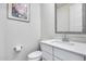 Neutral powder room features a stylish vanity with modern fixtures and a decorative floral print at 651 N Bay Dr, Gilbert, AZ 85233