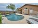 Backyard oasis with a sparkling pool, patio, and artificial grass lawn at 7949 W Wescott Dr, Glendale, AZ 85308