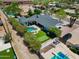 Aerial view of a lovely home, lush backyard with pool, putting green, and outdoor entertaining space at 8732 E Sandalwood Dr, Scottsdale, AZ 85250