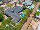 An aerial view showcasing a landscaped property featuring a pool, putting green, and shaded lounge area at 8732 E Sandalwood Dr, Scottsdale, AZ 85250