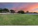 Expansive backyard with lush green lawn under a vivid sunset sky, framed by mature trees at 9005 W Villa Chula St, Peoria, AZ 85383