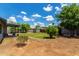 Spacious backyard featuring a covered patio, lush lawn, mature trees, and a storage shed at 161 S Maple St, Chandler, AZ 85226