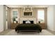 This bedroom features neutral tones and a modern chandelier for a relaxing atmosphere at 17349 W Smoketree Dr, Surprise, AZ 85387