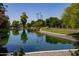 Lush, green community pond with desert landscaping and waterside sidewalks on a clear day at 2309 W Naranja Ave, Mesa, AZ 85202