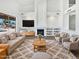 Spacious living room with a cozy fireplace, plush seating, and view of the pool at 5501 W Whispering Wind Dr, Glendale, AZ 85310