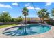 Sparkling backyard pool surrounded by lush landscaping, lounge chairs, and ambient string lights at 21266 S 213Th Pl, Queen Creek, AZ 85142