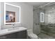 Modern bathroom features a sleek vanity and a luxurious glass-enclosed shower with a rainfall showerhead at 3429 E Coolidge St, Phoenix, AZ 85018