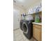 Convenient laundry room with modern washer and dryer, shelving and extra storage space at 7262 W Firebird Dr, Glendale, AZ 85308