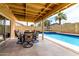 Covered patio showcasing a dining area overlooking the backyard pool, perfect for outdoor entertaining at 3358 W Sandra Ter, Phoenix, AZ 85053