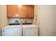 Functional laundry room with side by side units and above storage cabinets at 9431 E Coralbell Ave # 6, Mesa, AZ 85208