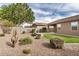 Backyard with desert landscaping, small artificial grass area, and mature green plants at 1008 W Heatherwood St, San Tan Valley, AZ 85140