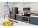 Modern kitchen features stainless steel appliances and white and blue cabinets at 11500 E Cochise Dr # 2001, Scottsdale, AZ 85259