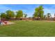 A lush backyard featuring green grass, trees, and a playset, perfect for Gathering fun at 12325 W Canterbury Dr, El Mirage, AZ 85335