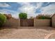 Back gate framed by stucco walls and vibrant red bougainvillea, adding a touch of color and charm at 2405 E Lynwood Cir, Mesa, AZ 85213