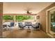 Inviting covered patio with comfortable seating area overlooking the sparkling pool and lush backyard at 2405 E Lynwood Cir, Mesa, AZ 85213