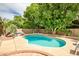 Beautiful backyard oasis with a freeform pool, mature trees, and a relaxing spa, perfect for outdoor gatherings at 2405 E Lynwood Cir, Mesa, AZ 85213